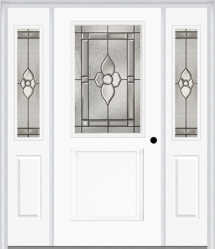 MMI 1/2 Lite 1 Panel 6'8" Fiberglass Smooth Nouveau Brass, Nouveau Nickel, Or Nouveau Patina Exterior Prehung Door With 2 Half Lite Nouveau Brass/Nickel/Patina Decorative Glass Sidelights 682